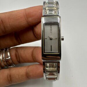 DKNY Watch Women Silver Tone Rhinestone Slim Bangle Band New Battery 6.25"